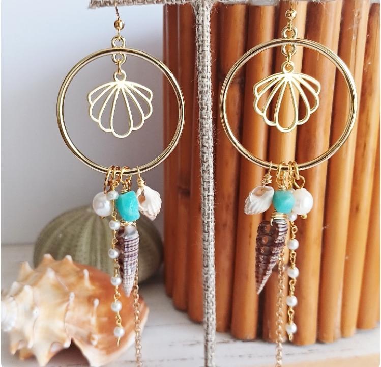 Clamshell Seashell Mix | Gold Hoops | Raw Amazonite | Freshwater Pearls | Beachy | Gold Jewelry | Shell Jewelry (Pack of 3) SRP $28.00