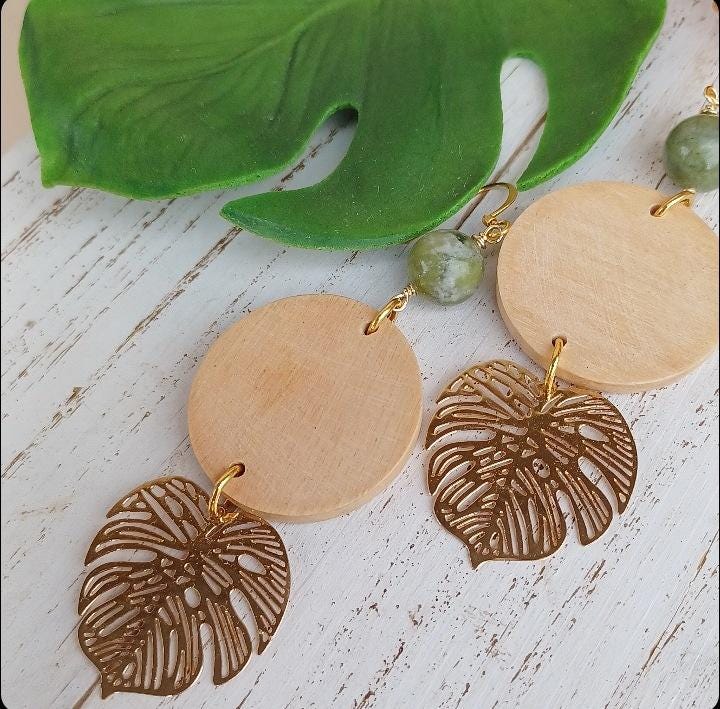 Wood Monstera Earrings | Green Jade | Leaf Earrings | Tropical | Beach | Gold (Pack of 3) SRP $18.00