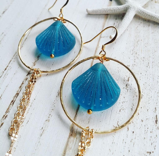 Clam Shell Sea Glass Hoop Earrings | Teal Sea Glass Jewelry | Medium Hoop | Tropical | Gold Hoop | Dangle Earrings (Pack of 3) SRP $14.00