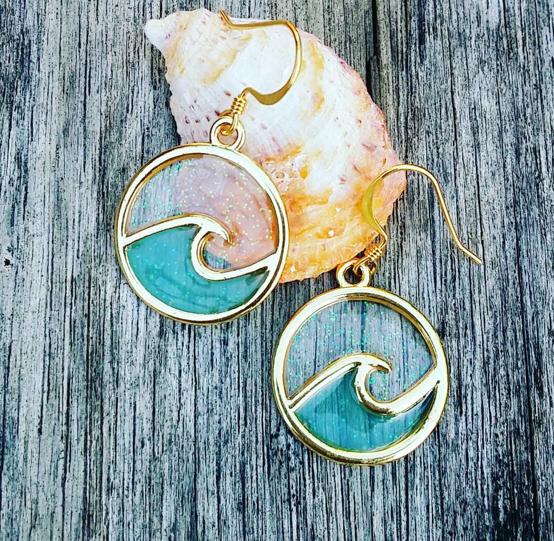 Turquoise Wave Earrings | Gold Wave Earrings | Small | Surf | Ocean | Glazed | Surf Earrings | Ocean Wave Jewelry (Pack of 3) SRP $10