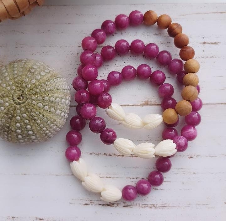 Pikake Beaded Bracelets | Pink Jade | Jasmine flower | Gemstone Beads | Stretchy Bracelet (Pack of 3) Jade SRP $22.50 Sandalwood SRP $25.00