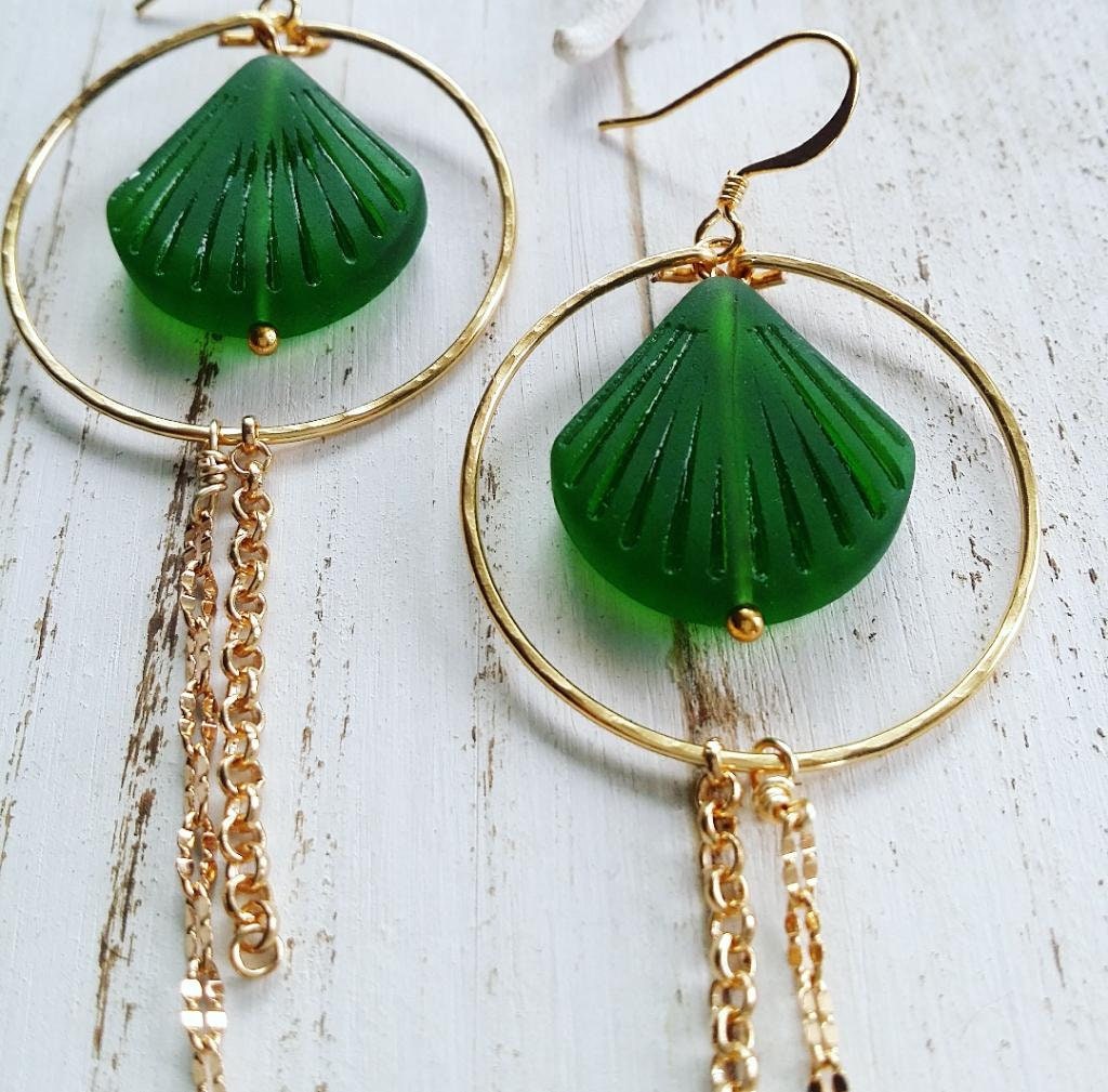 Clam Shell Sea Glass Hoop Earrings | Green Sea Glass Jewelry | Medium Hoop | Tropical | Gold Hoop | Dangle Earrings (Pack of 3) SRP $14.00
