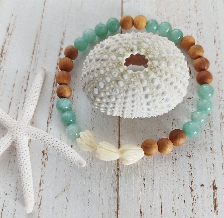 Pikake Beaded Bracelets | Blue Jade | Jasmine flower | Gemstone Beads | Stretchy Bracelet | Sandalwood (Pack of 3) SRP $24.50
