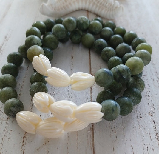 Green Jade | Pikake Flower | Beaded Bracelets | Jasmine flower | Gemstone Beads | Stretchy Bracelet | Matte (Pack of 3) SRP $34.00