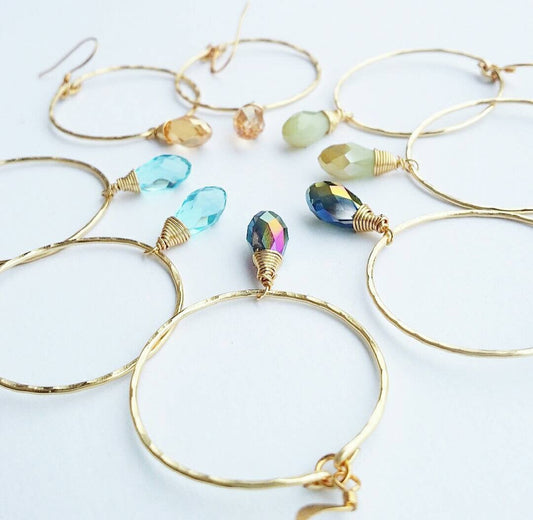 Glass Crystal Teardrop Earrings | Medium Hoops | Wire Wrapped Jewelry | Peach | Blue | Peacock | Seafoam | Gold Hoops (Pack of 3) SRP $10.00