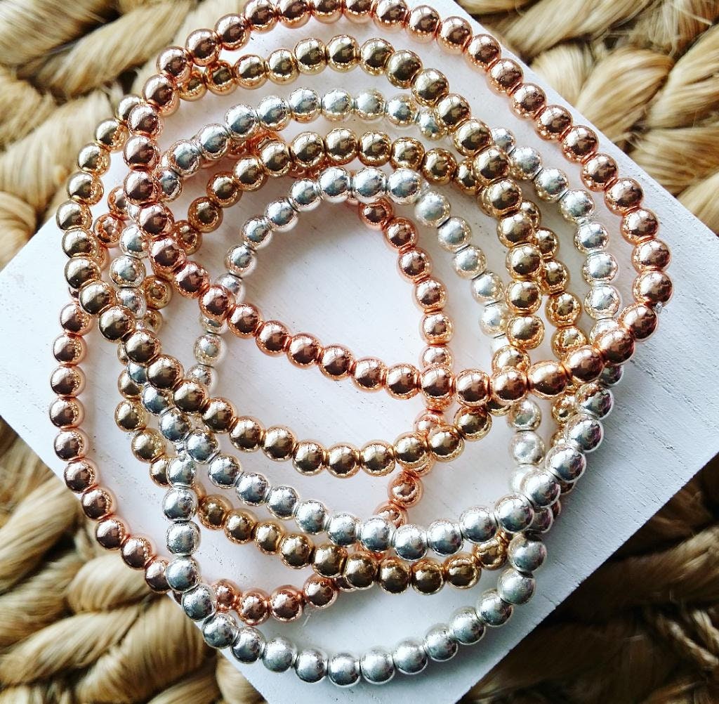 Hematite Bracelet | Stretchy | Healing Jewelry | Gold Ball Bracelet | Gold | Silver | Rose Gold (Pack of 3) SRP $12.00