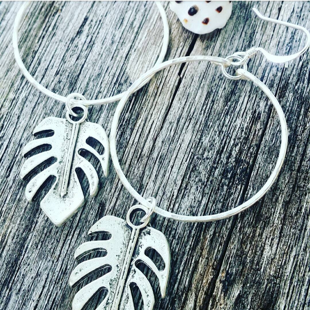 Monstera Earrings | Silver Leaf Earrings | Medium Hoops | Silver Hoop Earrings | Tropical (Pack of 3) SRP $12.00 each