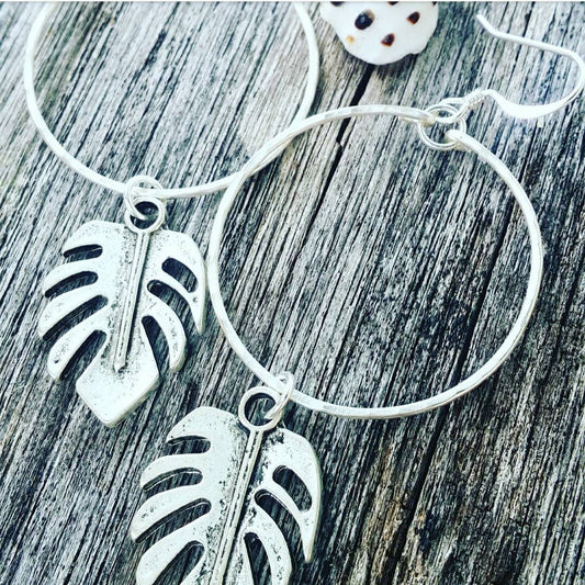 Monstera Earrings | Silver Leaf Earrings | Medium Hoops | Silver Hoop Earrings | Tropical (Pack of 3) SRP $12.00 each