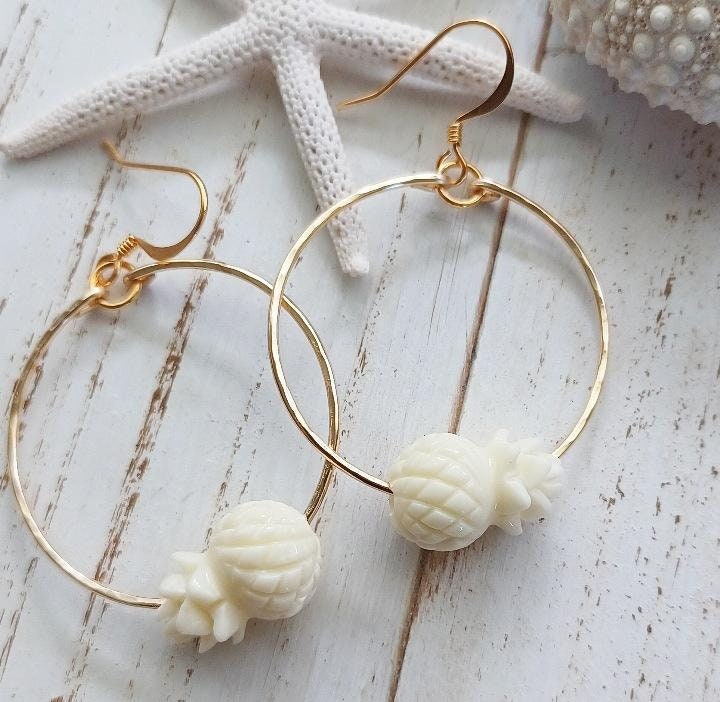 Cream Pineapple Earrings | Tropical | Fruit Earrings | Medium Hoop | Luau Jewelry (Pack of 3) SRP $10.00