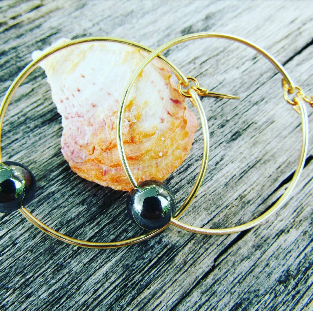 Hematite Hoops| Healing Stone| Silver Hematite| Hematite Earrings for Women| Medium Hoop| Dark Grey Earrings| Silver Ball Earrings (Pack of 3) SRP $10.00