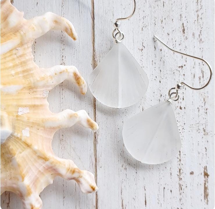 Clam Shell Sea Earrings | White Sea Glass Jewelry | Frosty Sea Glass | Tropical | Gold | Silver (Pack of 3) SRP $8.00