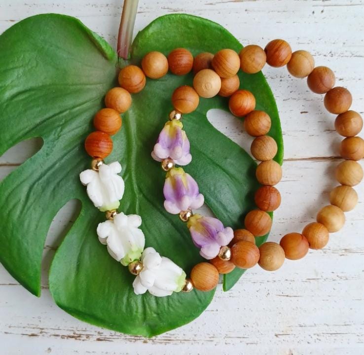 Sandalwood Bracelets | Crown Flower | Aromatic | Stacking bracelets | White | Purple | Stretchy Bracelets 8mm (Pack of 3) SRP $45.00