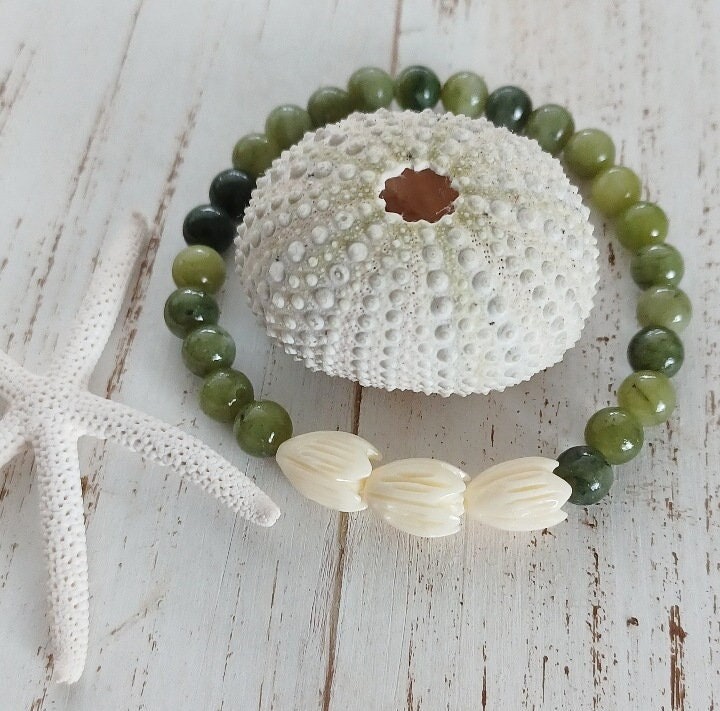 Pikake Beaded Bracelets | Green Jade | Jasmine flower | Gemstone Beads | Stretchy Bracelet (Pack of 3) SRP $34.00