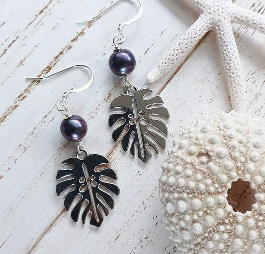 Monstera Freshwater Pearl Earrings | Tropical Leaf Hoop Earrings | Gold Monstera | Women Earrings | Natured Inspired Floral Leaves (Pack of 3) SRP $16.00