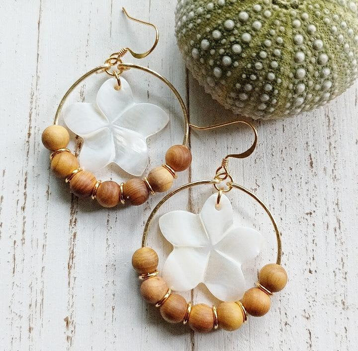 Mother Of Pearl Flower | Sandalwood | Hoop Earrings | Medium Hoops | Shell Jewelry | Beachy Jewelry | Gold | Silver (Pack of 3) MOP SRP $24.00 Sandalwood SRP $10.00
