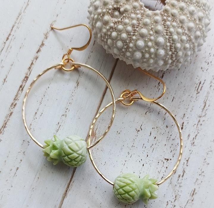 Green Pineapple Earrings | Tropical | Fruit Earrings | Medium Hoop | Luau Jewelry (Pack of 3) SRP $10.00