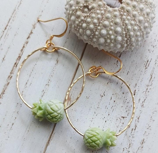 Green Pineapple Earrings | Tropical | Fruit Earrings | Medium Hoop | Luau Jewelry (Pack of 3) SRP $10.00