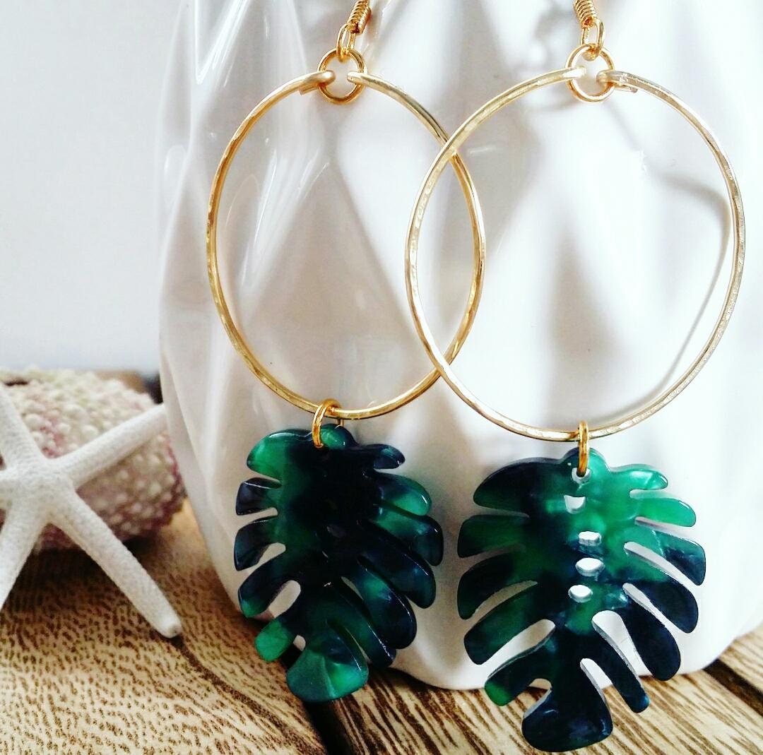 Monstera Earrings | Leaf Earrings | Tortoise Acrylic Monstera | Medium Hoops | Tropical | Gold Hoop Earring | Silver (Pack of 3) SRP $14.00