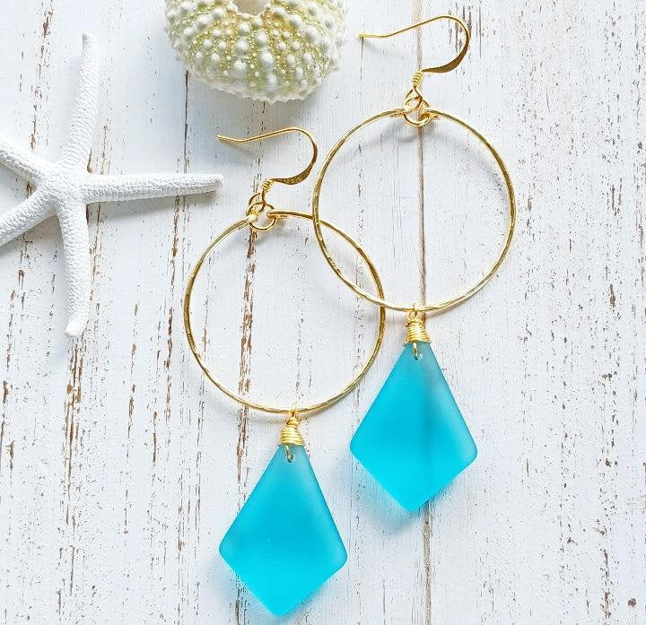 Sea Glass Hoop Earrings | Medium Hoops | Wire Wrapped Jewelry | Blue | Sea Glass Jewelry | Gold Hoops (Pack of 3) SRP $12.00