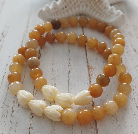 Pikake Flower Bracelets | Hawaiian Flower | Yellow Jade | Jade | Gemstone | Stretchy Bracelets | Natural Gemstone (Pack of 3) SRP $24.00