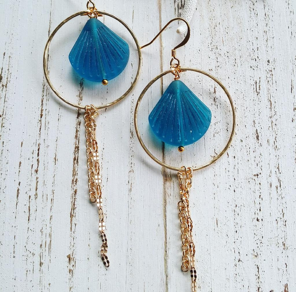 Clam Shell Sea Glass Hoop Earrings | Teal Sea Glass Jewelry | Medium Hoop | Tropical | Gold Hoop | Dangle Earrings (Pack of 3) SRP $14.00