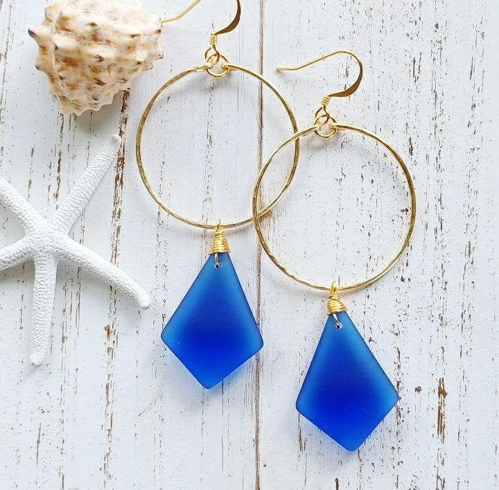 Sea Glass Hoop Earrings | Medium Hoops | Wire Wrapped Jewelry | Blue | Sea Glass Jewelry | Gold Hoops (Pack of 3) SRP $12.00