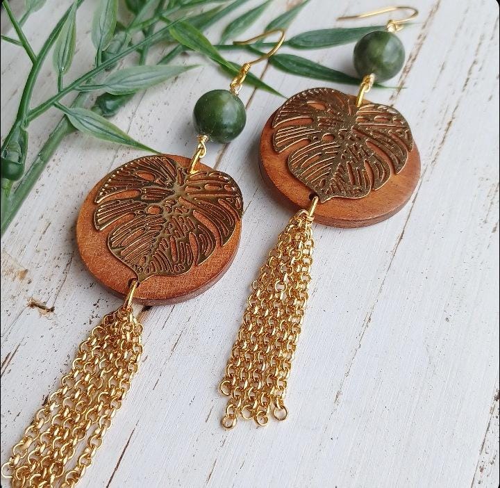 Wood Monstera Earrings | Green Jade | Leaf Earrings | Tropical | Beach | Gold (Pack of 3) SRP $24.00