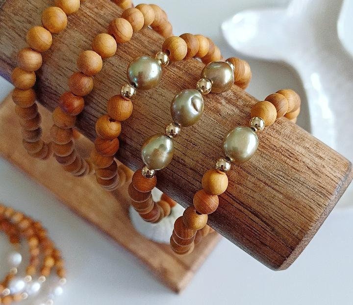 Sandalwood Pearl Bracelets | Triple Pearl | Freshwater Pearls | Green | Stacking bracelets | Stretchy Bracelets | 14K Gold Filled (Pack of 3) Single Pearl SRP $28.50 Triple Pearl SRP $32.50