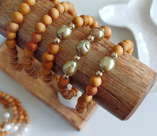 Sandalwood Pearl Bracelets | Triple Pearl | Freshwater Pearls | Green | Stacking bracelets | Stretchy Bracelets | 14K Gold Filled (Pack of 3) Single Pearl SRP $28.50 Triple Pearl SRP $32.50