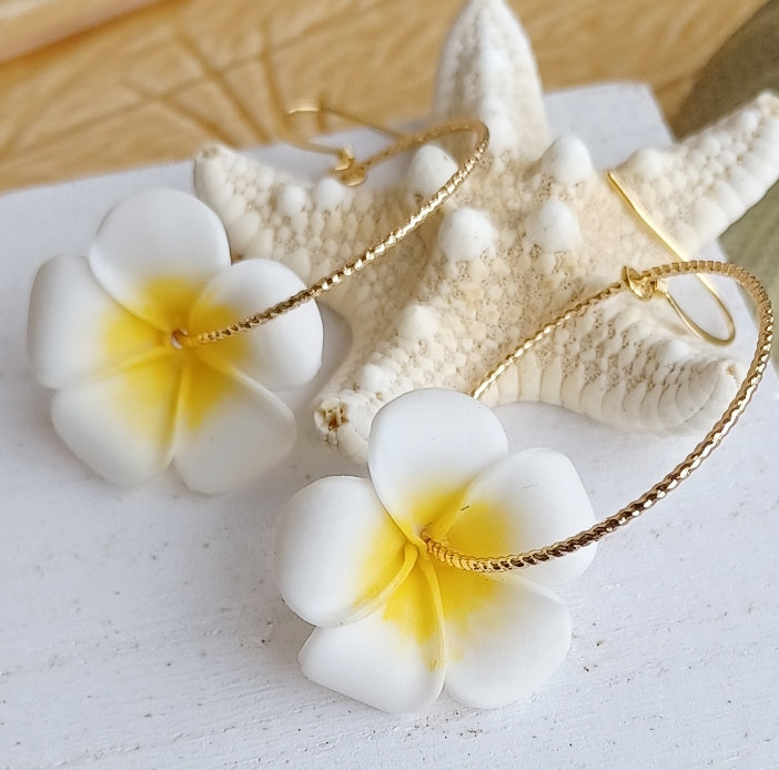 White Plumeria Flower | Yellow | Hoop Earrings | Small Flower Earrings | Hawaiian Flower Earrings | Gold | (Pack of 3) SRP $12.00