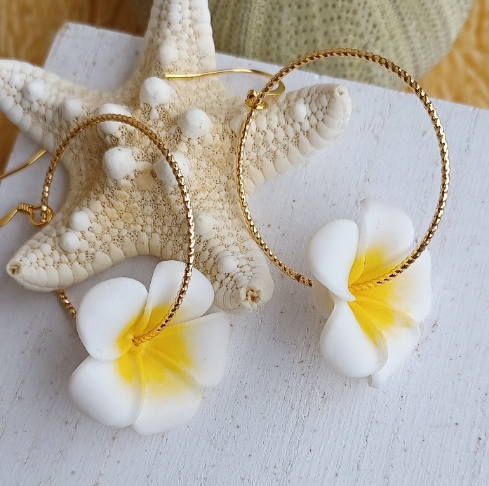 White Plumeria Flower | Yellow | Hoop Earrings | Small Flower Earrings | Hawaiian Flower Earrings | Gold | (Pack of 3) SRP $12.00
