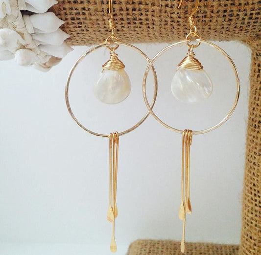 Teardrop Mother Of Pearl Earring Hoops | Paddle | Wire Wrapped Gemstone Jewelry | Dangle Drop Earrings | Gold Hoops (Pack of 3) SRP $24.00