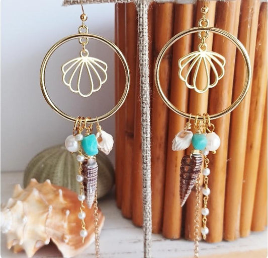 Clamshell Seashell Mix | Gold Hoops | Raw Amazonite | Freshwater Pearls | Beachy | Gold Jewelry | Shell Jewelry (Pack of 3) SRP $28.00
