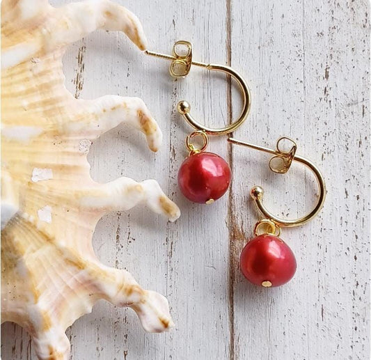 Red Pearl Hoop Stud Earrings| Gold Jewelry | 8-9mm | Pearl Earrings | Gold (Pack of 3) SRP $12.00