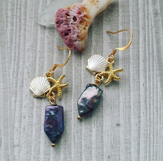 Clamshell Dangle Earrings | Sea Star Jewelry | Peacock Pearl | Shell Jewelry | Gold | Silver | Beach Jewelry (Pack of 3) SRP $14.00