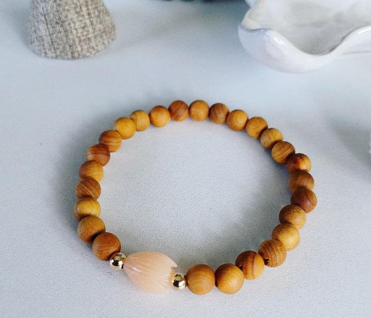 Pink Coral Pikake Flower | Sandalwood | Bracelets | Single | Stackable Bracelets | Stretchy Bracelets | 14K Gold Filled (Pack of 3) SRP $25.00