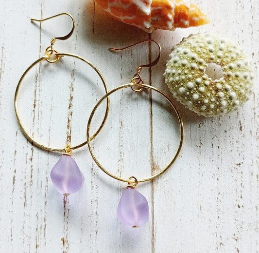 Lavender Sea glass Earrings | Sea Glass Nugget | Sea Glass Jewelry | Gold Hoops (Pack of 3) SRP $10.00