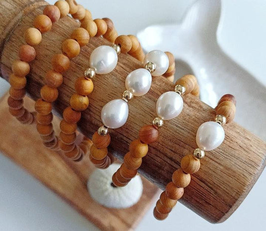 Sandalwood Pearl Bracelets | Triple Pearl | Freshwater Pearls | White | Stacking bracelets | Stretchy Bracelets | 14K Gold Filled (Pack of 3) Single Pearl SRP $28.50 Triple Pearl SRP $32.50