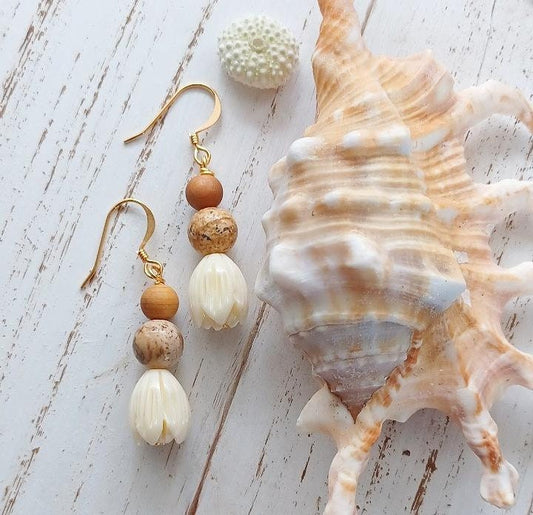 Pikake Flower | Jasper | Sandalwood | Dangle | Small Flower Earrings | Hawaiian Flower Earring | Gold | Silver (Pack of 3) SRP $16.00