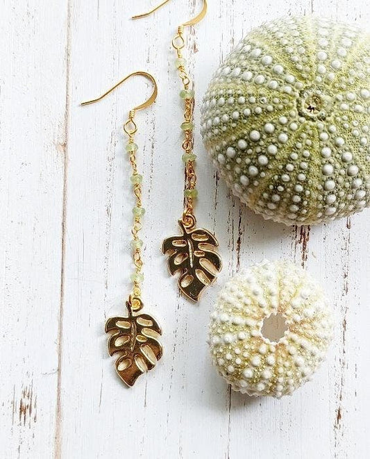 Peridot Monstera Dangle Earrings | Gold Leaf Earrings | Tropical | Gemstone (Pack of 3) SRP $18.00