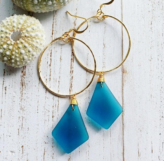 Sea Glass Hoop Earrings  | Medium Hoops | Wire Wrapped Jewelry | Blue | Sea Glass Jewelry | Gold Hoops (Pack of 3) SRP $12.00