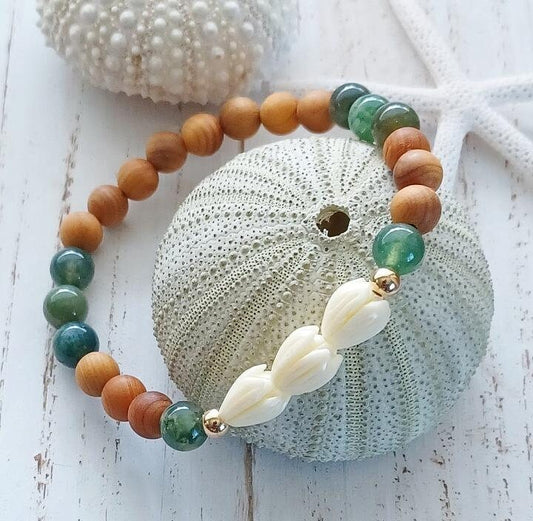 Triple Pikake Flower | Moss Agate | Bracelets | Single | Stackable Bracelets | Stretchy Bracelets (Pack of 3) 14k GF SRP $26.50 SS .925 SRP $24.50