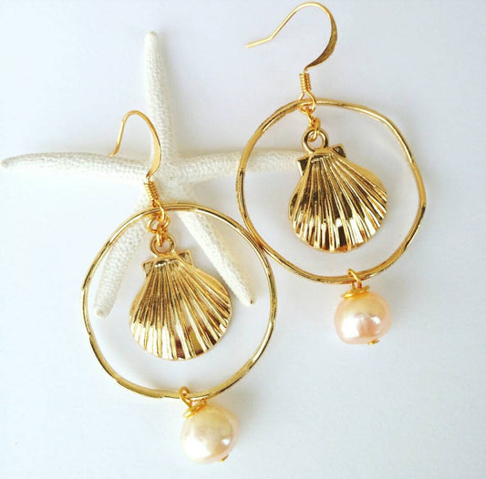 Wavy Hoop Earrings | Gold Sunrise Shell | Champagne Pink FWP Earrings | Pearl Earrings | Shell Jewelry | Medium Hoops (Pack of 3) SRP $12.00