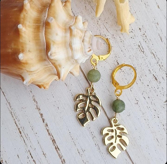 Green Jade Monstera Leaf Earrings | Tropical Leaf Hoop Earrings | Huggie Hoop| Lever back Women Earrings | Natured Inspired Floral Leaves (Pack of 3) SRP $12.00
