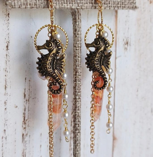 Red Quartz Seahorse Freshwater Pearl Hoop Earrings| Ocean | Small Hoops| Gemstone |Gold Jewelry| Pearl Jewelry (Pack of 3) SRP $28.00