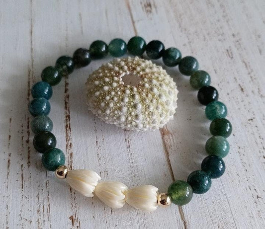 Triple Pikake Flower | Moss Agate | Bracelets | Single | Stackable Bracelets | Stretchy Bracelets (Pack of 3) GF SRP $25.00 SS.925 SRP $22.50