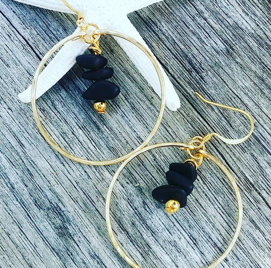 Black Sea Glass Hoops Earrings | Medium Hoops | Sea Glass Jewelry | Frosted Sea Glass | Gold Hoops | Silver Hoops | Beachy Jewelry (Pack of 3) SRP $12.00