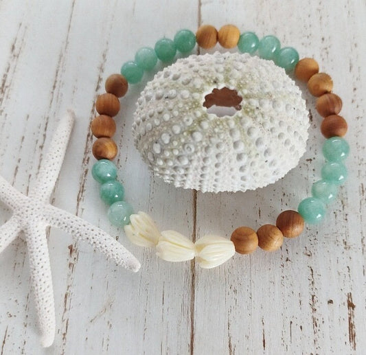 Pikake Beaded Bracelets | Blue Jade | Jasmine flower | Gemstone Beads | Stretchy Bracelet | Sandalwood (Pack of 3) SRP $24.50