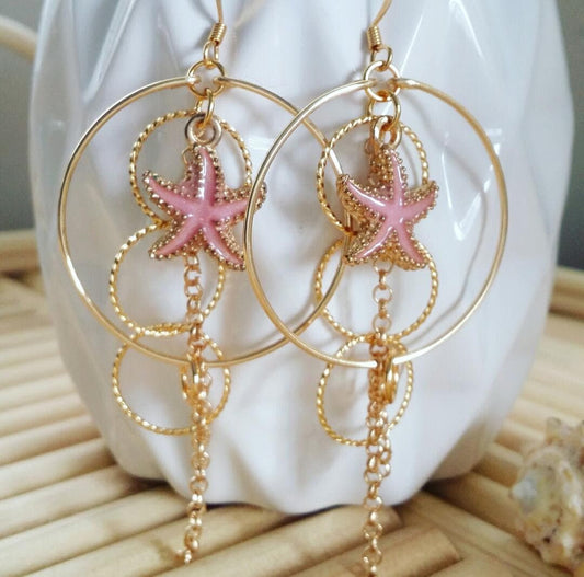 Pink Starfish Earrings | Beach Jewelry | | Medium | Gold Hoops | Gold Jewelry | Twisted Hoops | Hoop Dangle (Pack of 3) SRP $18.00