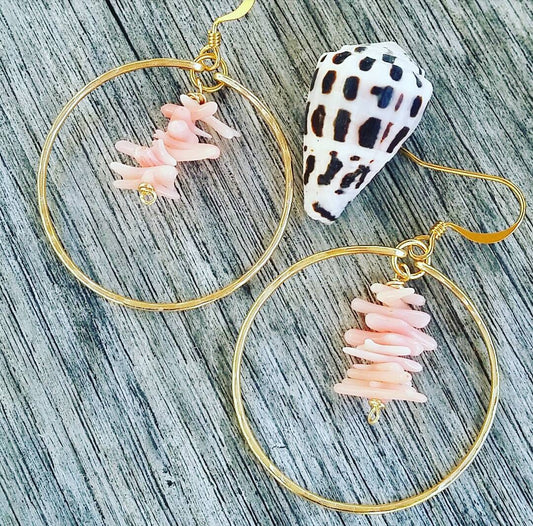 Pink Coral Earrings | Beach Jewelry | Gold Hoops | Pink coral Jewelry | Coral Stone | Hoop Dangle | Coral Stone Jewelry (Pack of 3) SRP $10.00
